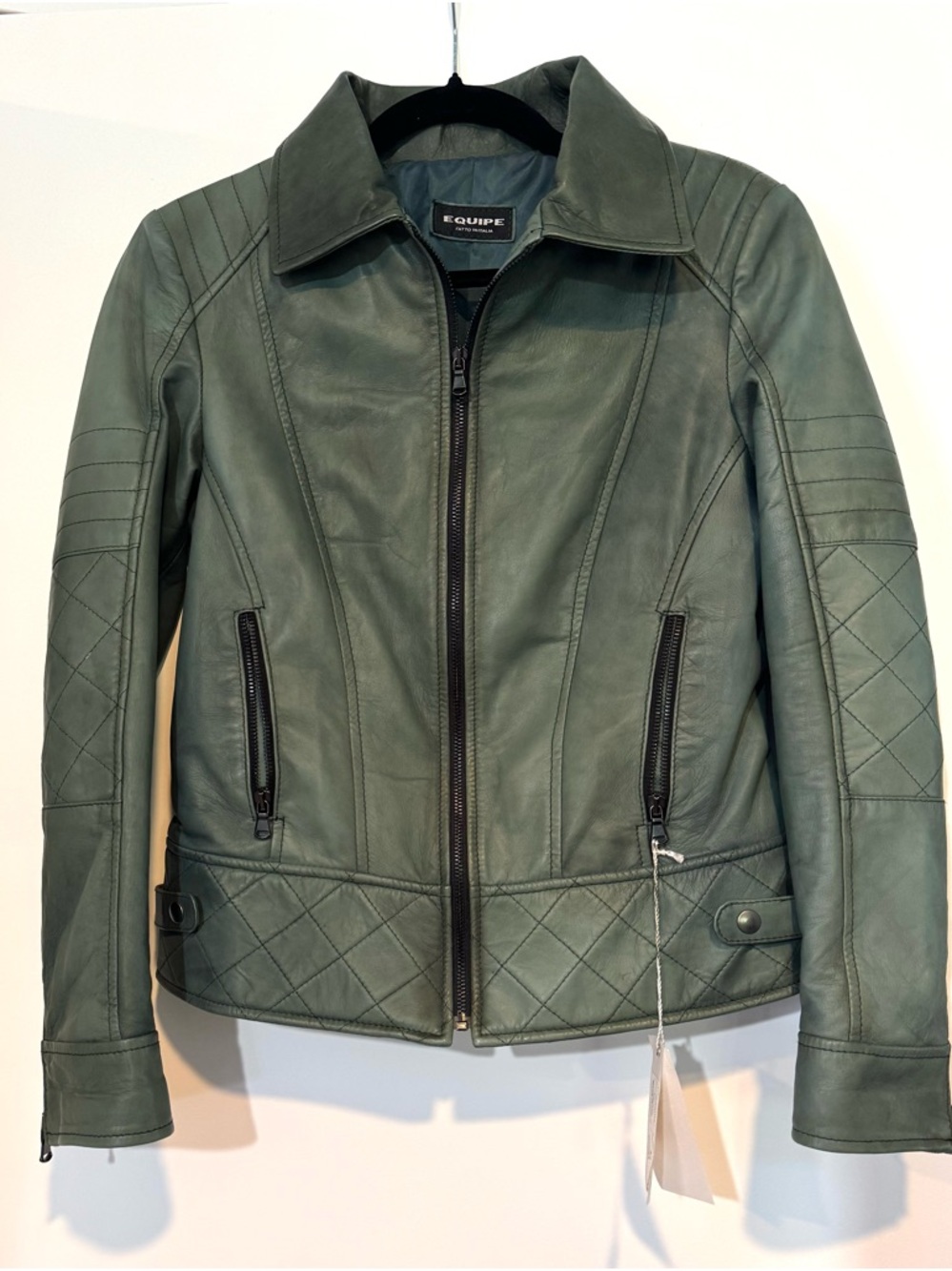 Equipe Made in Italy Verde Leather Quilted Moto Jacket Size S